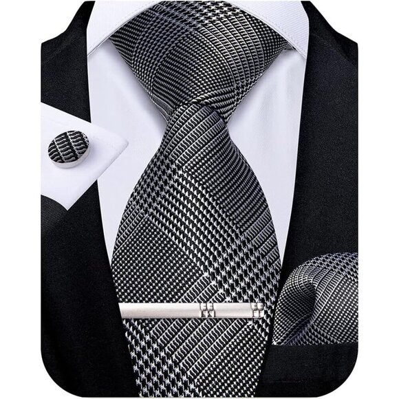 🆕Men Silver Plaid Silk Checkered Necktie Pocket Square Cufflinks Tie Clip Set